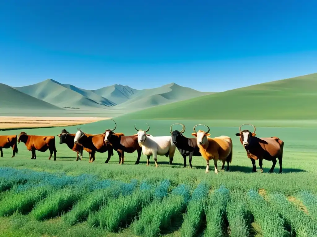 Grupo de agricultores mongoles vistiendo atuendos tradicionales, cultivando trigo, cebada y mijo, y cuidando ovejas, cabras y caballos en la estepa