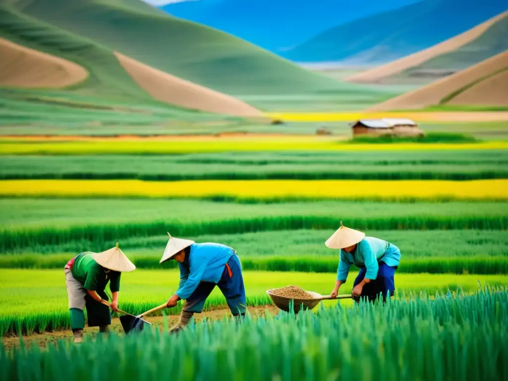 Grupo de agricultores mongoles trabajando en campos verdes, mostrando la propagación de cultivos por mongoles con técnicas tradicionales