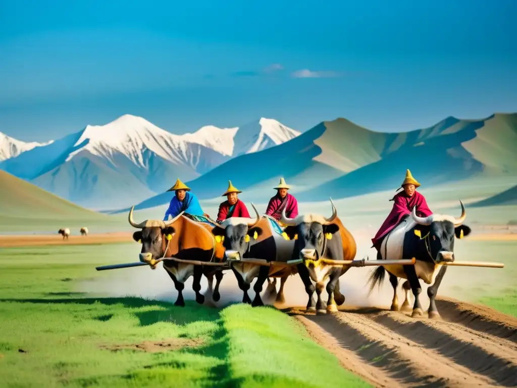 Labranza tradicional: Agricultores mongolas arando con bueyes Grupo de agricultores mongoles arando la fértil tierra de las estepas con herramientas agrícolas ingenio mongol