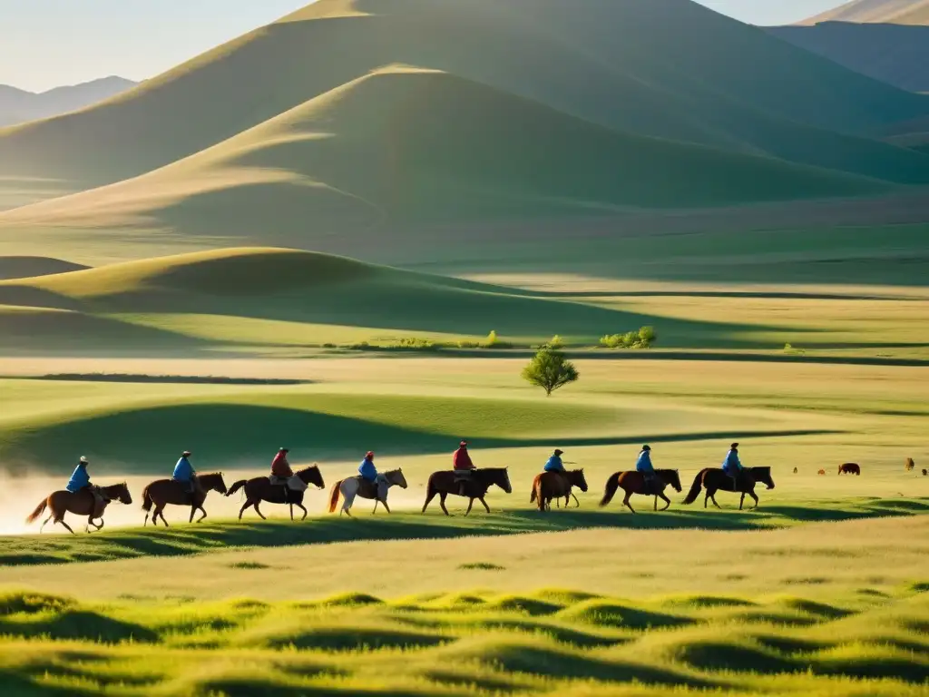 Grupo de agricultores mongoles en las praderas, usando técnicas ancestrales para la propagación de cultivos por mongoles