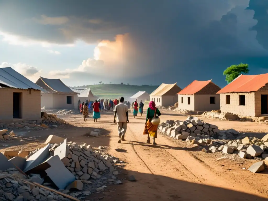 Grupo de aldeanos resilientes reconstruyendo su comunidad en un paisaje devastado por la guerra, mostrando determinación y esperanza