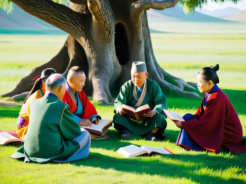 Un grupo de ancianos y ancianas mongoles se reúnen bajo un árbol centenario, escuchando atentamente a un joven leer un libro