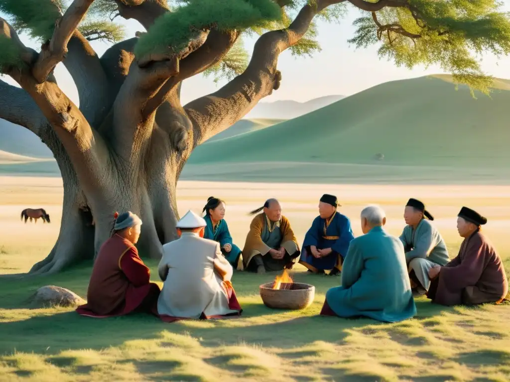 Un grupo de ancianos y ancianas mongoles conversan bajo un árbol milenario, preservando dialectos mongólicos y la historia mundial