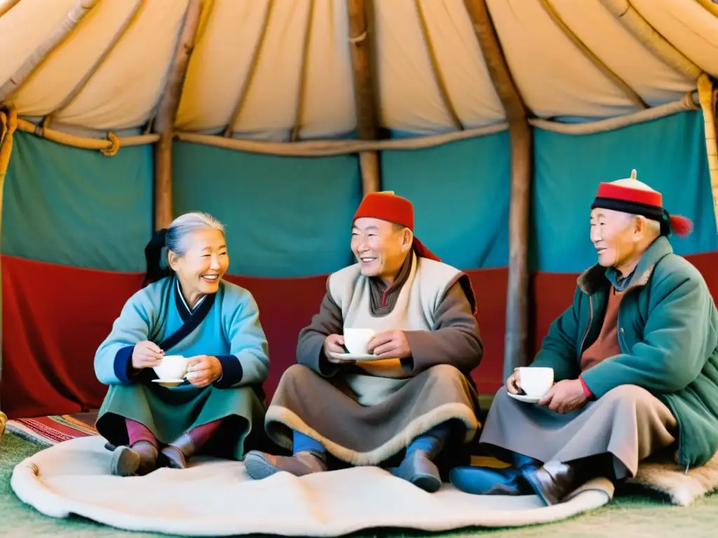 Un grupo de ancianos y ancianas mongoles disfrutan de té de leche caliente alrededor de una yurta, mostrando la resistencia y la sabiduría de la cultura mongola tras el declive del imperio