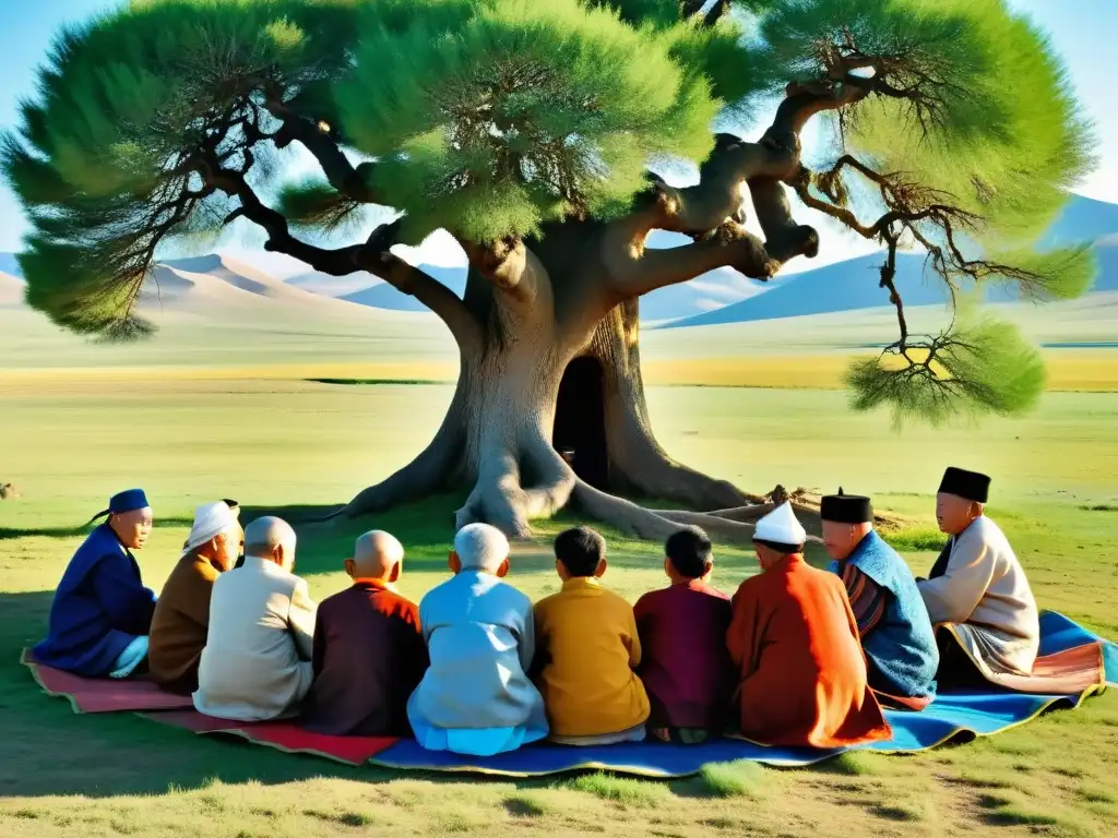 Un grupo de ancianos mongoles discute bajo un árbol, vistiendo ropas tradicionales