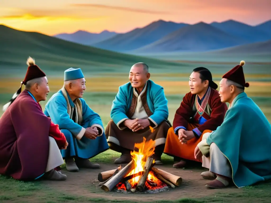 Un grupo de ancianos mongoles escucha atentamente un cuento popular mongol alrededor de una fogata