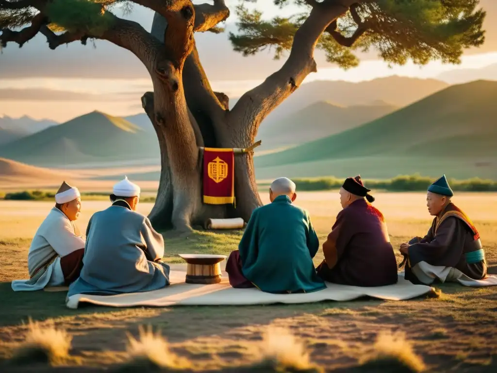 Grupo de ancianos mongoles discuten leyes tradicionales bajo un árbol al atardecer, preservando el legado jurídico Gengis Khan Imperio en Mongolia