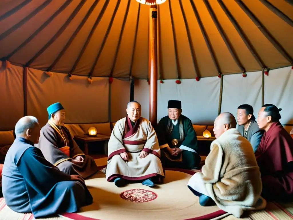 Un grupo de ancianos y líderes religiosos mongoles dialogan en una yurta, mostrando coexistencia entre leyes mongolas y religión