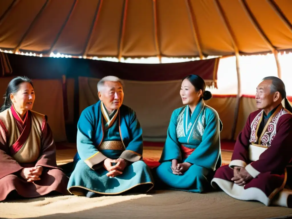 Un grupo de ancianos mongoles participa en una ceremonia de canto de garganta en una yurta, con expresiones solemnes que reflejan la importancia de preservar los dialectos mongólicos en peligro