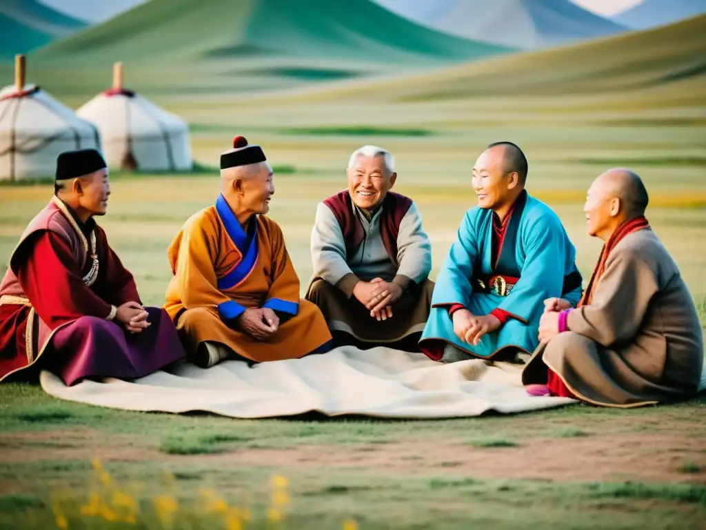 Grupo de ancianos mongoles en círculo, con trajes tradicionales, hablando animadamente