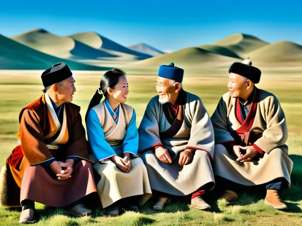 Un grupo de ancianos mongoles conversa animadamente en la estepa, preservar dialectos mongólicos historia mundial