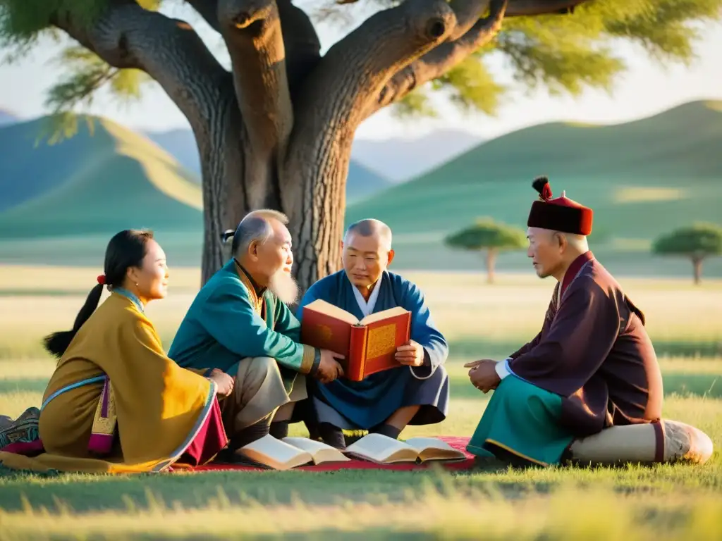 Un grupo de ancianos mongoles preservando dialectos mongólicos y compartiendo historias bajo un árbol en las vastas praderas