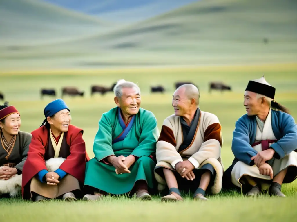 Grupo de ancianos mongoles preservando dialectos mongólicos historia mundial en las praderas al atardecer