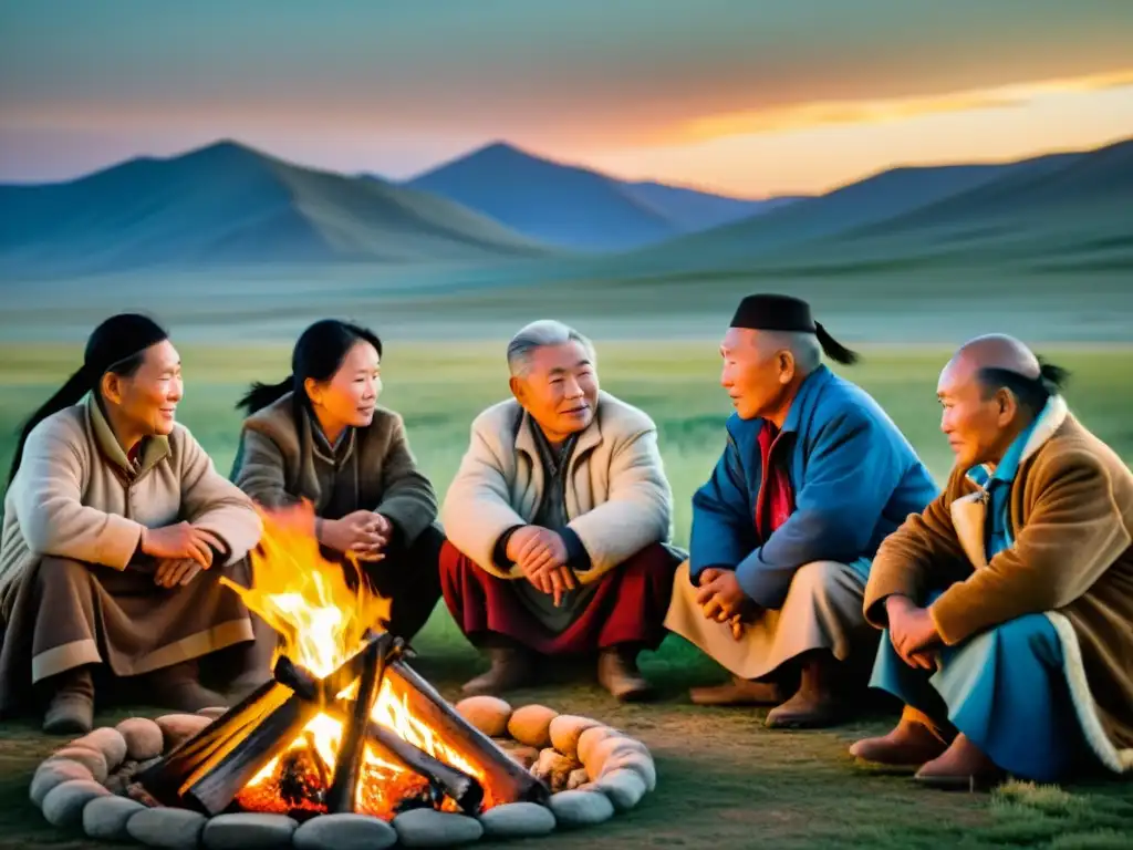 Grupo de ancianos mongoles preservando dialectos en peligro alrededor de una fogata al amanecer en la estepa mongola