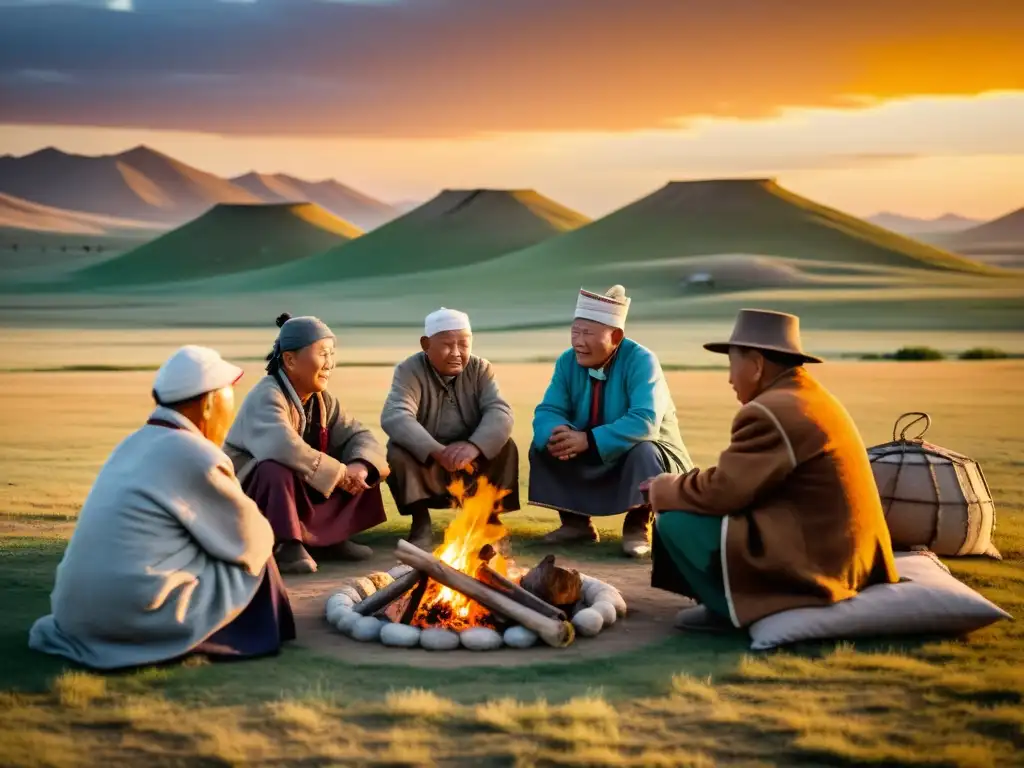 Grupo de ancianos mongoles alrededor de fogata en la estepa, con yurtas y atardecer