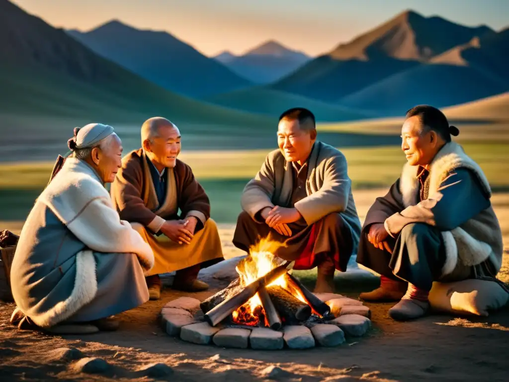 Un grupo de ancianos mongoles conversando alrededor de una fogata, con sus rostros curtidos iluminados por el cálido resplandor