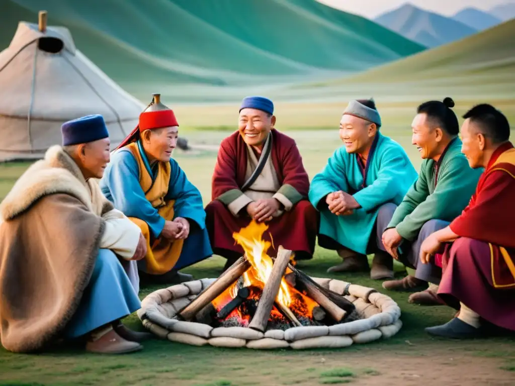 Un grupo de ancianos mongoles se reúnen alrededor de un fuego, vistiendo prendas tradicionales y conversando animadamente en la estepa