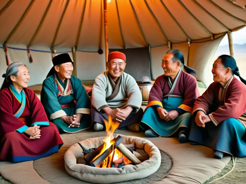 Grupo de ancianos mongoles compartiendo historias alrededor de una fogata en una yurta, en la tradición mongola en la Rusia