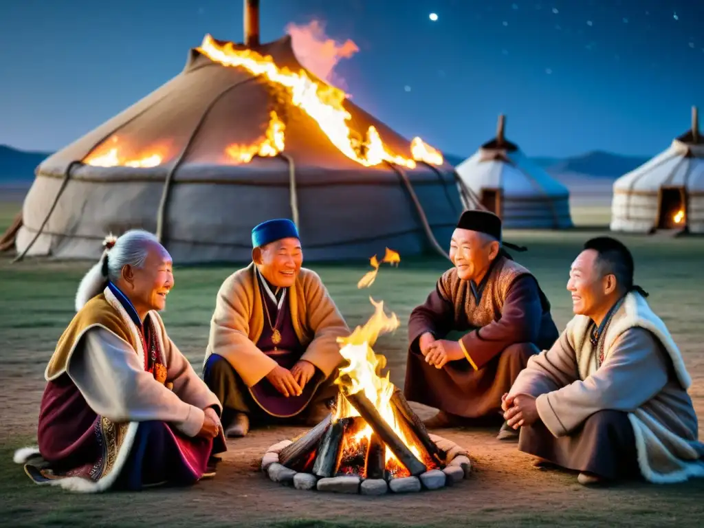 Grupo de ancianos mongoles contando historias alrededor del fuego en la estepa, transmitiendo el legado del Imperio Mongol con sabiduría y reverencia