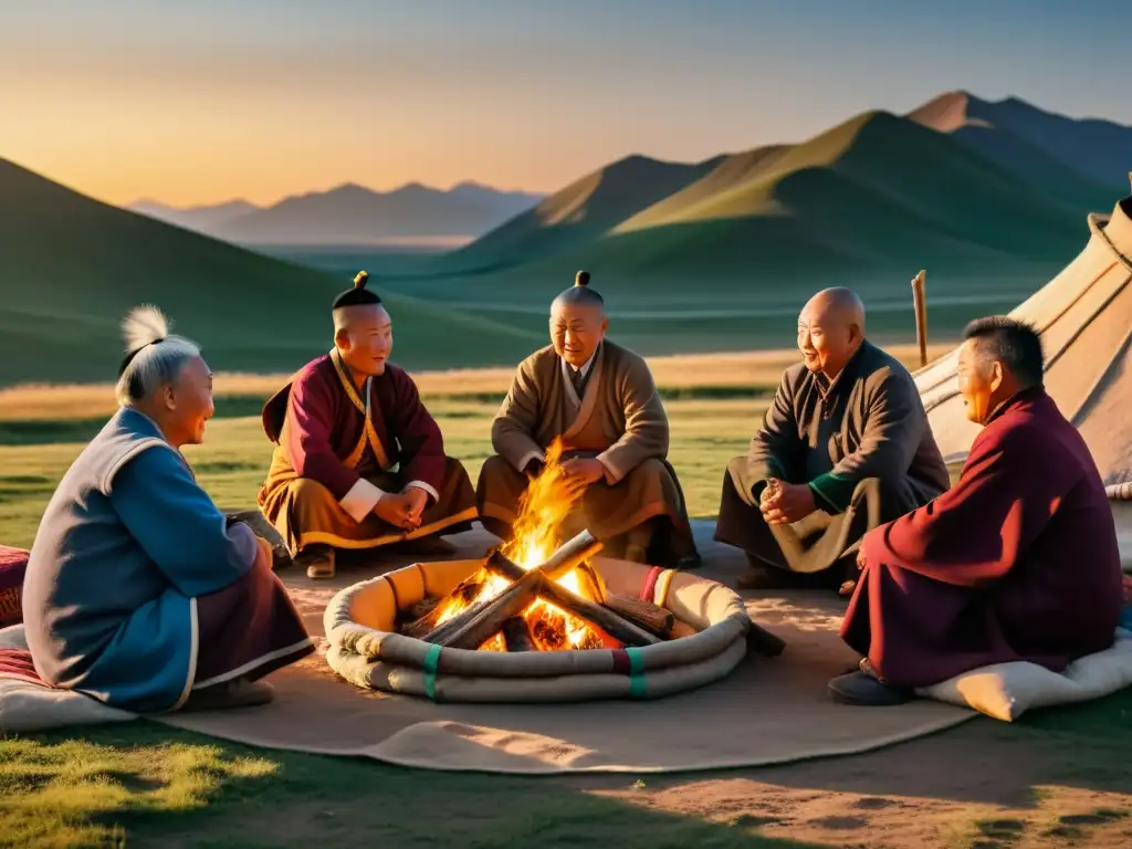 Grupo de ancianos mongoles reunidos alrededor de un fuego en la estepa, usando trajes tradicionales coloridos