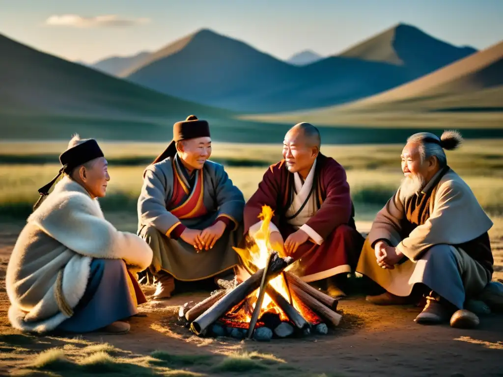 Un grupo de ancianos mongoles reunidos alrededor de una fogata en la estepa, con expresiones de sabiduría