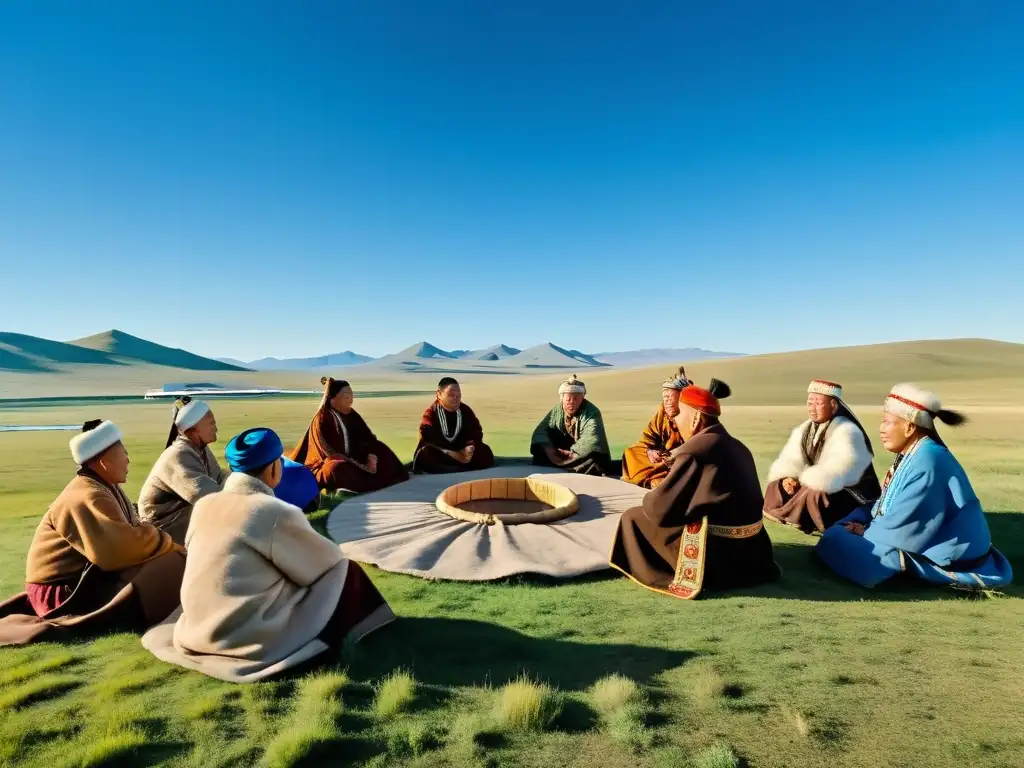 Un grupo de ancianos mongoles en la estepa rusa, visten deels tradicionales y conversan animadamente bajo el cielo azul