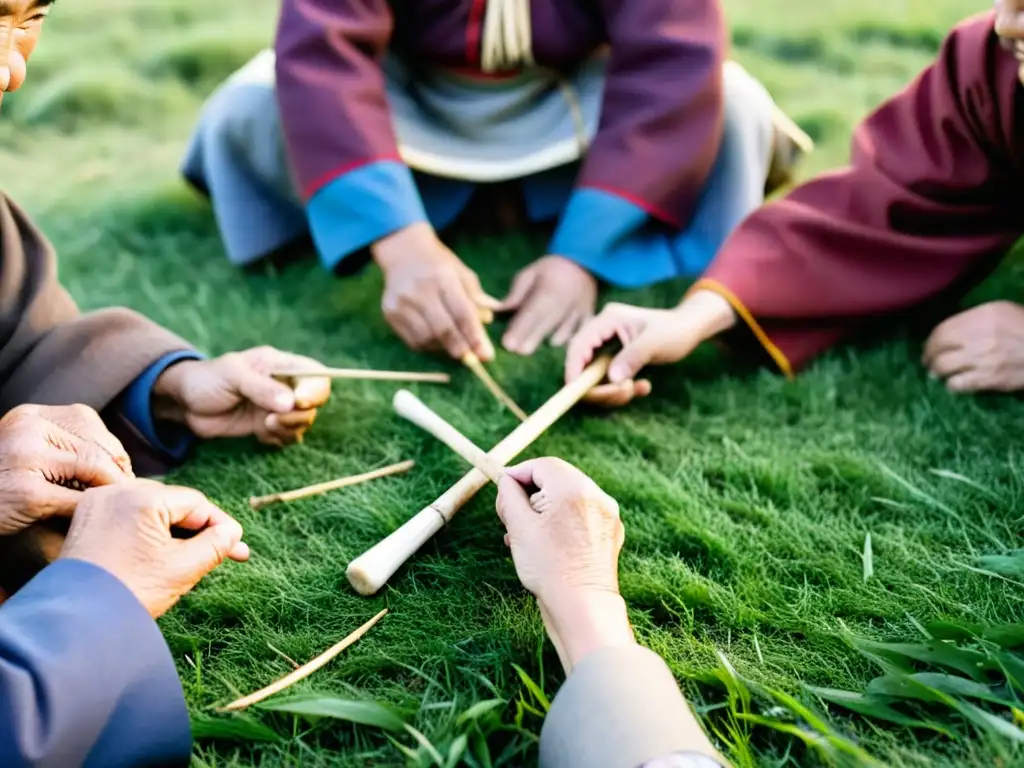 Grupo de ancianos mongoles juegan al Shagai, un juego de huesos mongol tradicional, en un ambiente de tradición y camaradería