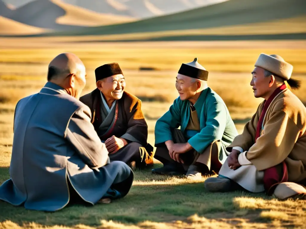 Un grupo de ancianos mongólicos conversando animadamente en la estepa al atardecer