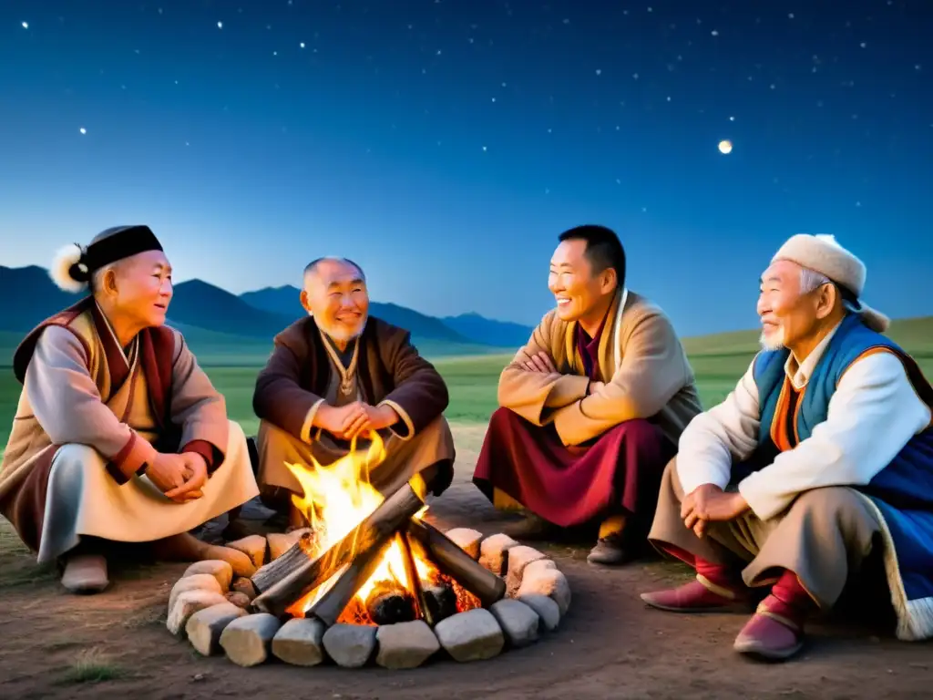 Un grupo de ancianos narradores mongolas cuentan historias alrededor de una fogata, en un paisaje natural nocturno