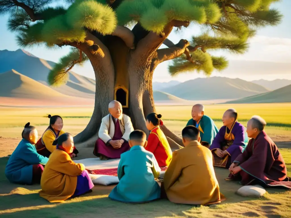 Grupo de ancianos y niños mongoles comparten sabiduría bajo un árbol