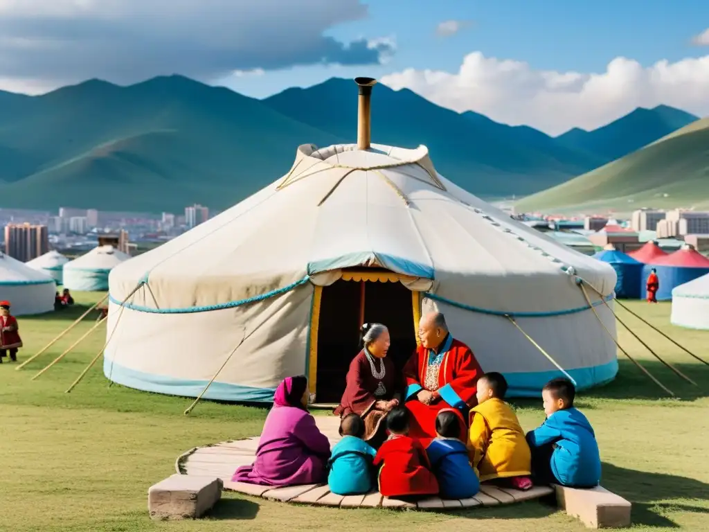 Un grupo de ancianos y niños mongoles conversan animadamente cerca de una yurta tradicional, con el horizonte moderno de Ulán Bator de fondo