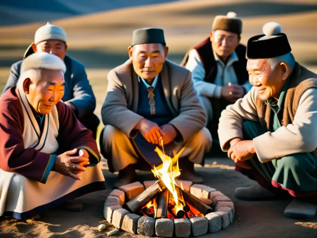 Un grupo de ancianos mongoles comparte sabiduría alrededor del fuego, preservando su rica cultura