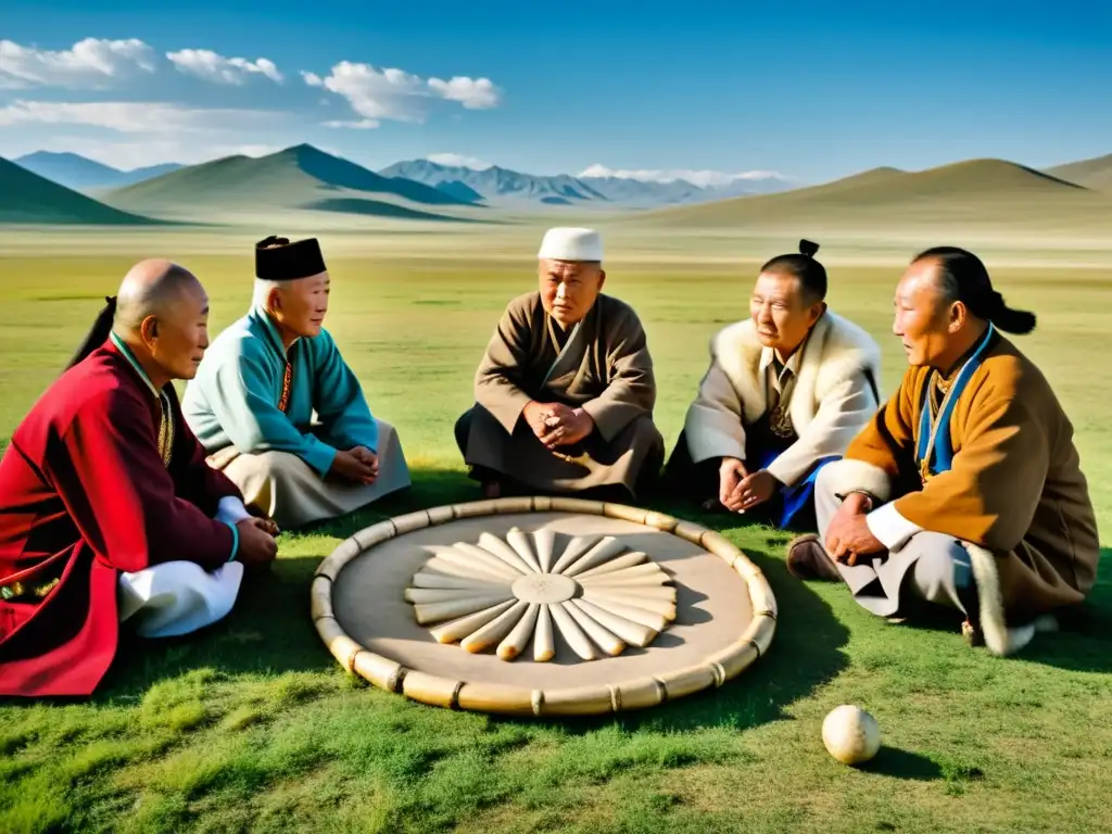 Un grupo de ancianos mongoles juega el tradicional juego de huesos mongol en la estepa, mostrando concentración y tradición