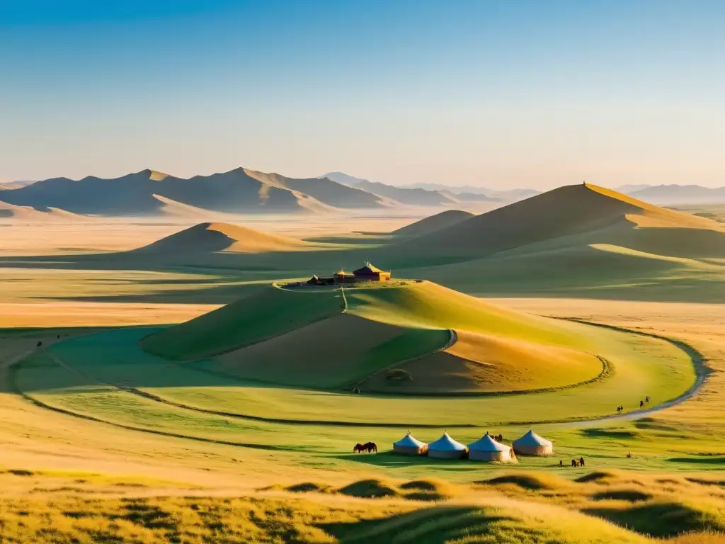 Grupo de arqueólogos excavando en la estepa mongol, con yurtas al fondo