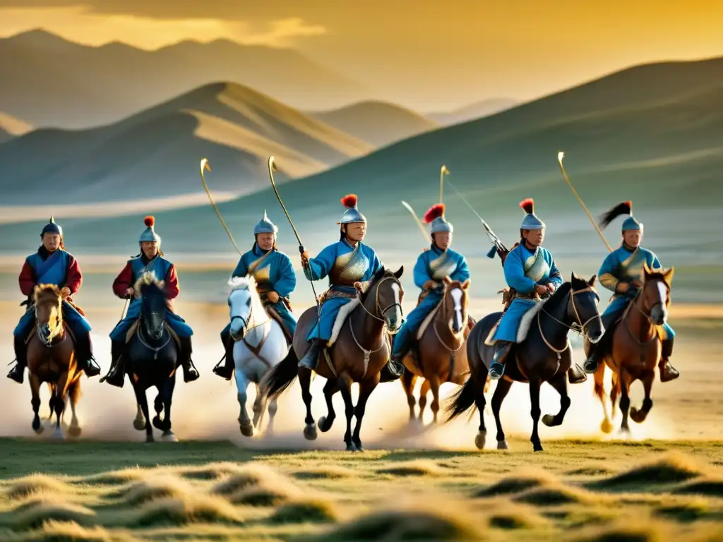 Un grupo de arqueros mongolas tácticas de guerra galopando por las vastas estepas al atardecer, con expresiones concentradas y paisaje épico