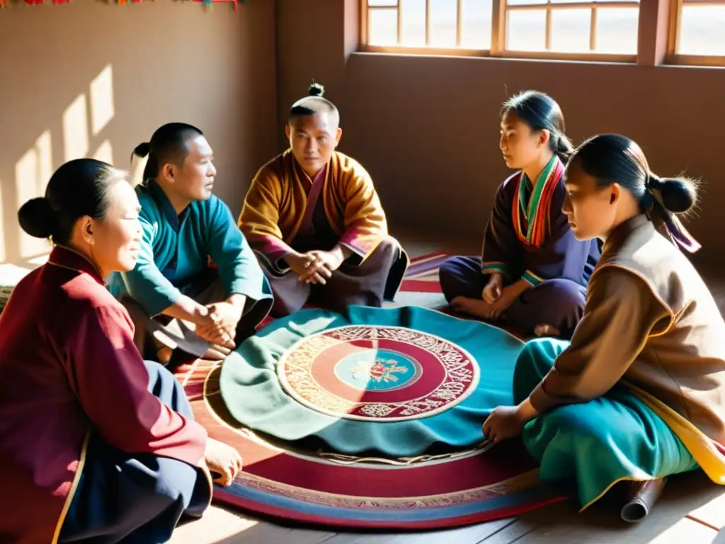 Un grupo de artesanos mongoles teje patrones delicados en textiles, rodeados de colores vibrantes y herramientas tradicionales