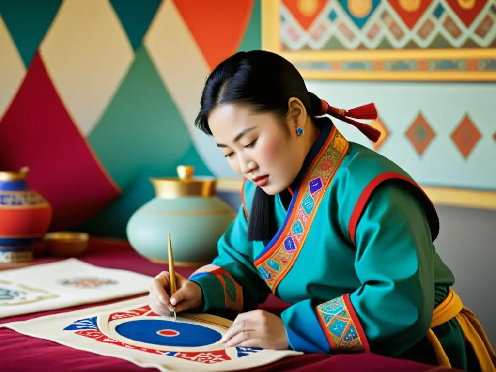 Grupo de artistas contemporáneos de Mongolia creando obras de arte tradicional, rodeados de colores vibrantes y patrones intrincados