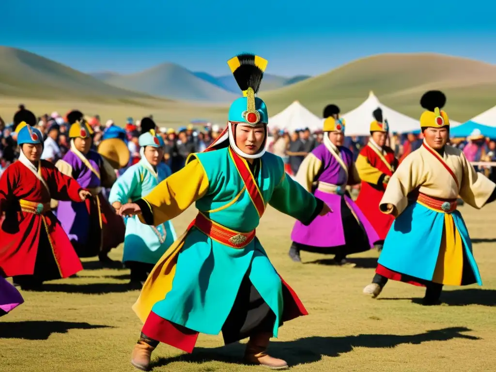 Grupo de artistas en festival mongol, realizando danza ritual con máscaras y trajes coloridos, rodeados de admiradores