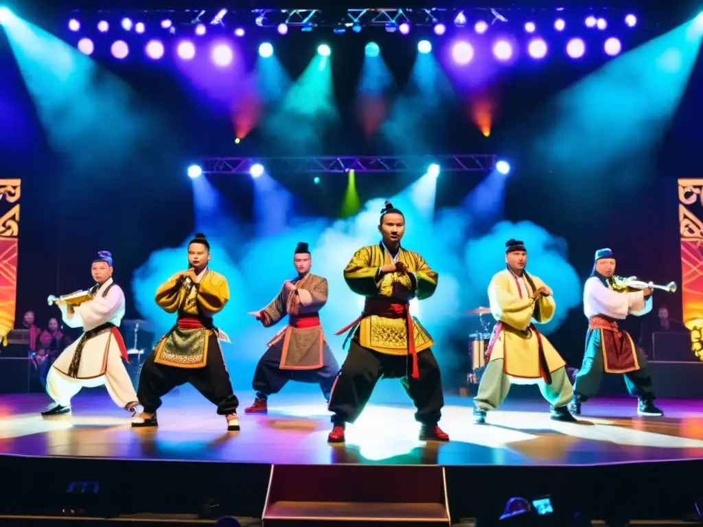 Grupo de artistas de hip hop mongol en el escenario con atuendos tradicionales, fusionando música y cultura contemporánea mongola con una atmósfera dinámica y energética