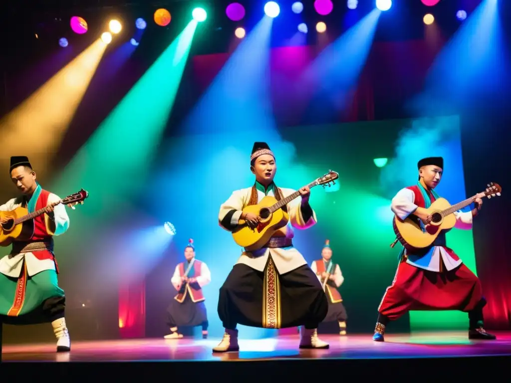 Grupo de artistas de hip hop mongol actuando en escenario con músicos de Morin Khuur