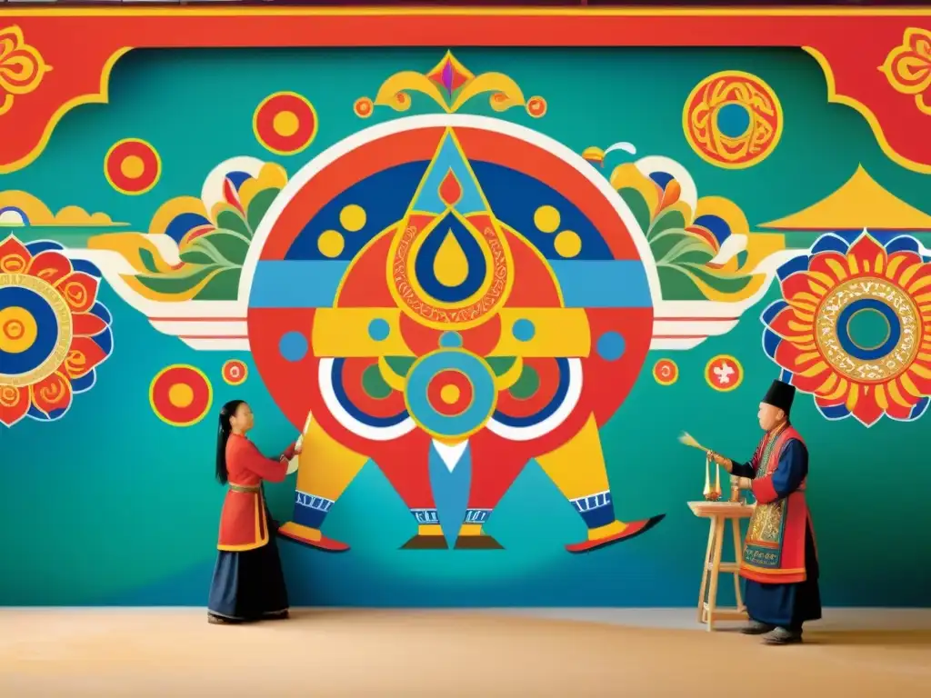 Grupo de artistas mongol contemporáneo reinterpretando tradiciones en mural vibrante