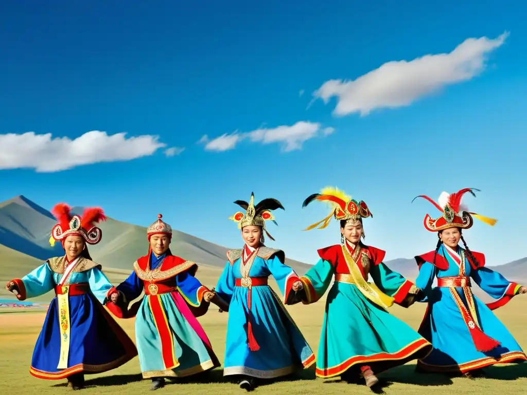 Grupo de artistas mongoles con trajes tradicionales y máscaras representativas en una colorida danza