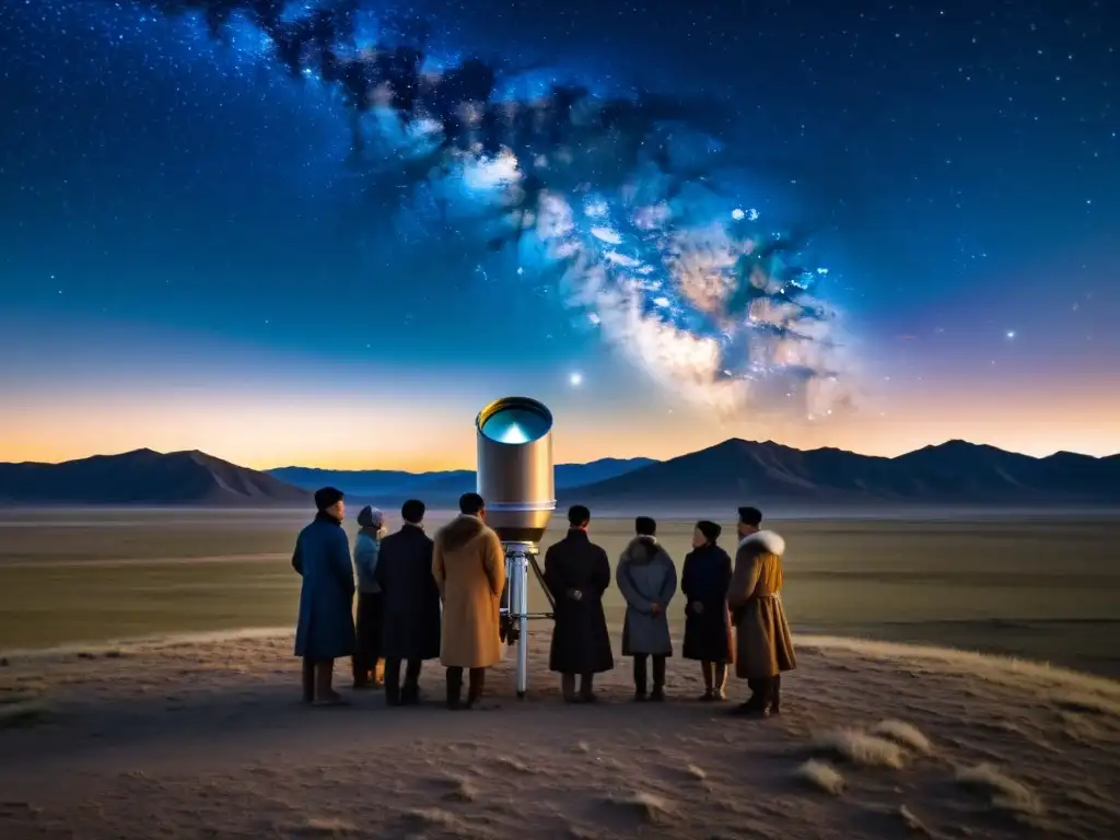 Grupo de astrónomos mongoles observando el cielo estrellado en la estepa