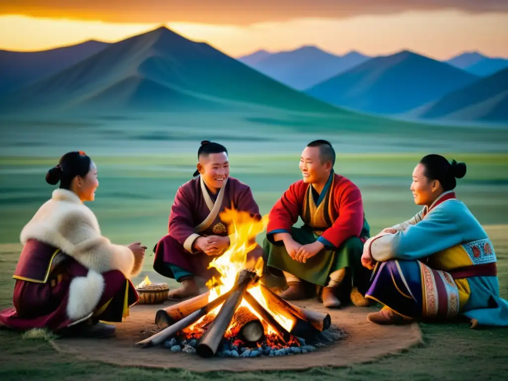 Vida cotidiana en el imperio mongol: tradiciones alrededor del fuego Grupo en atuendos tradicionales mongoles alrededor de una fogata, en la vasta y hermosa tierra mongol