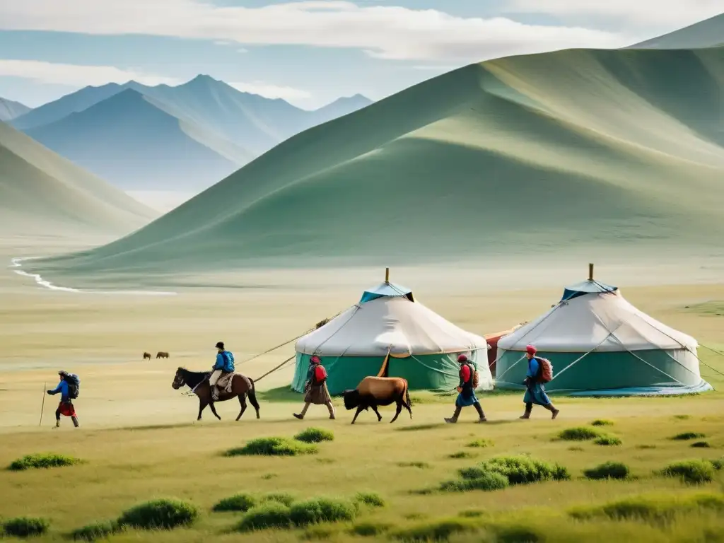 Un grupo de aventureros modernos recorriendo las Rutas Comerciales Menores Mongolas entre yurtas y paisajes expansivos