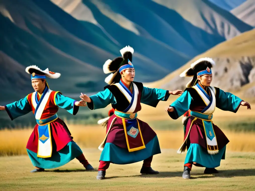 Grupo de bailarines contemporáneos de Mongolia realizando la danza del águila, con trajes elaborados y movimientos intrincados, en un paisaje mongol rugoso, capturando la esencia del ritual antiguo y su interpretación moderna