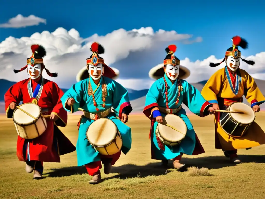 Un grupo de bailarines enmascarados ejecutan la Danza del Tsam en Mongolia, con trajes vibrantes y pasos precisos