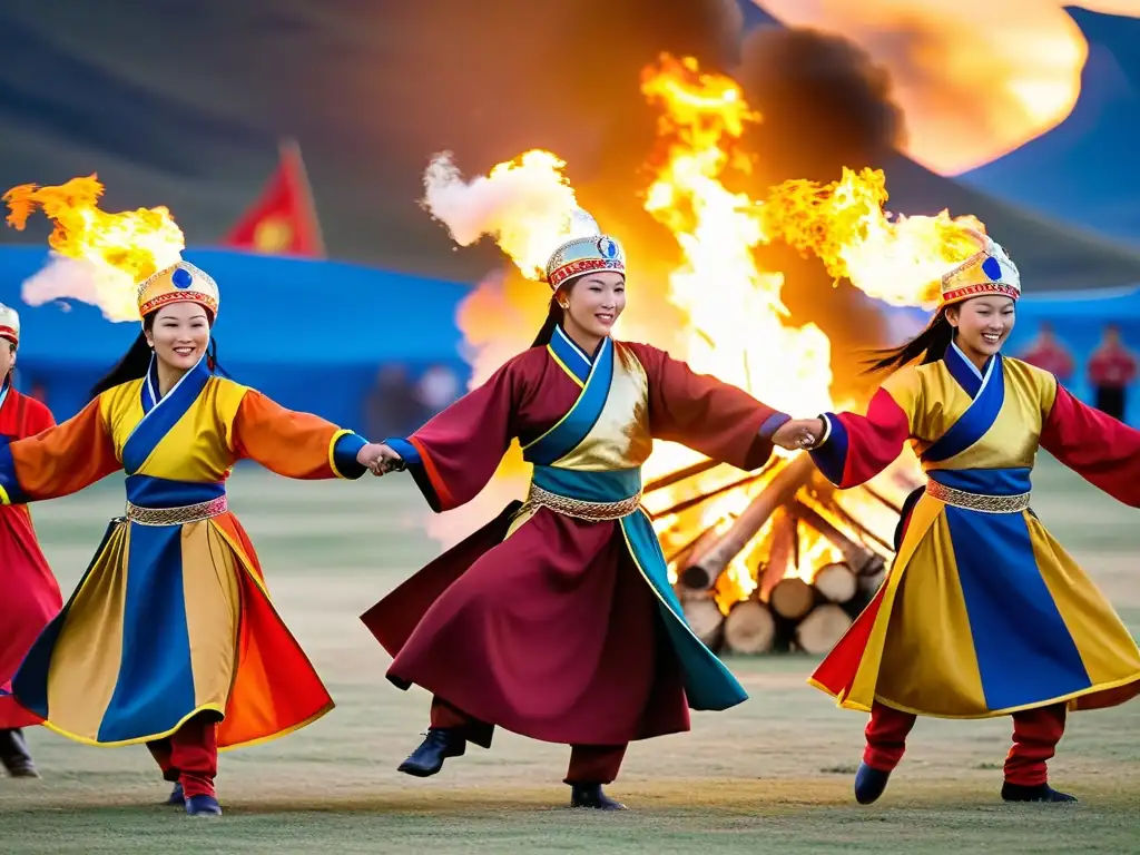 Grupo de bailarines mongolas danzando alrededor de una fogata en el Festival Ulaanbaatar, capturando la vitalidad y tradición mongola