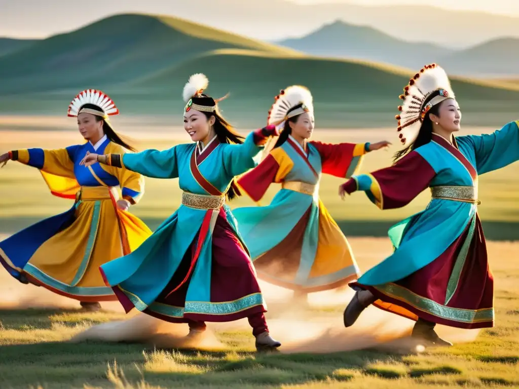 Un grupo de bailarines mongoles realiza una colorida danza tradicional en la estepa mongol