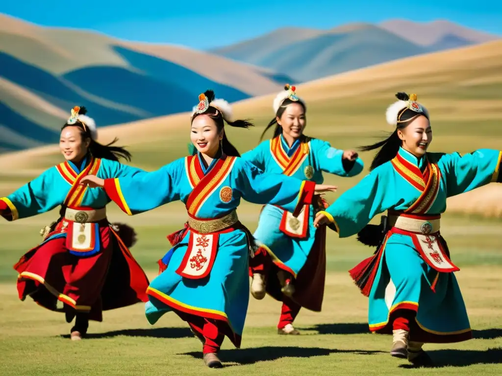 Grupo de bailarines mongoles realizando la danza del águila, con trajes coloridos y movimientos intrincados en un paisaje impresionante